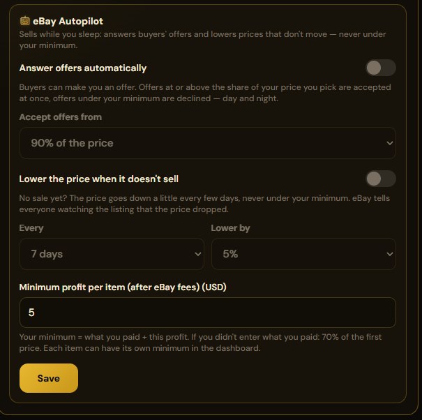 Einstellungen für den eBay Autopilot: Preisvorschläge automatisch beantworten, Angebote ab 90 % des Preises annehmen, Preis bei Nichtverkauf alle 7 Tage um 5 % senken, Mindestgewinn pro Artikel nach eBay-Gebühren 5 USD
